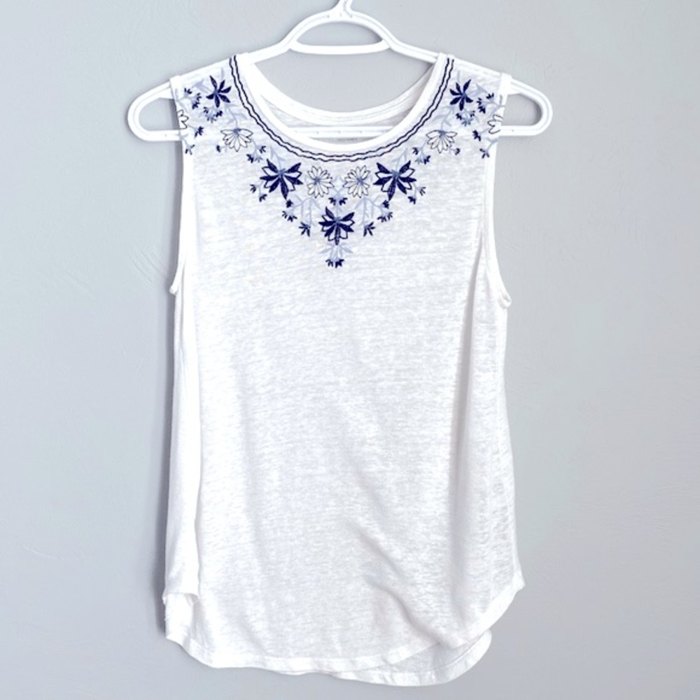 OLD NAVY White Sheer Top with Blue Embroidery Sleeveless